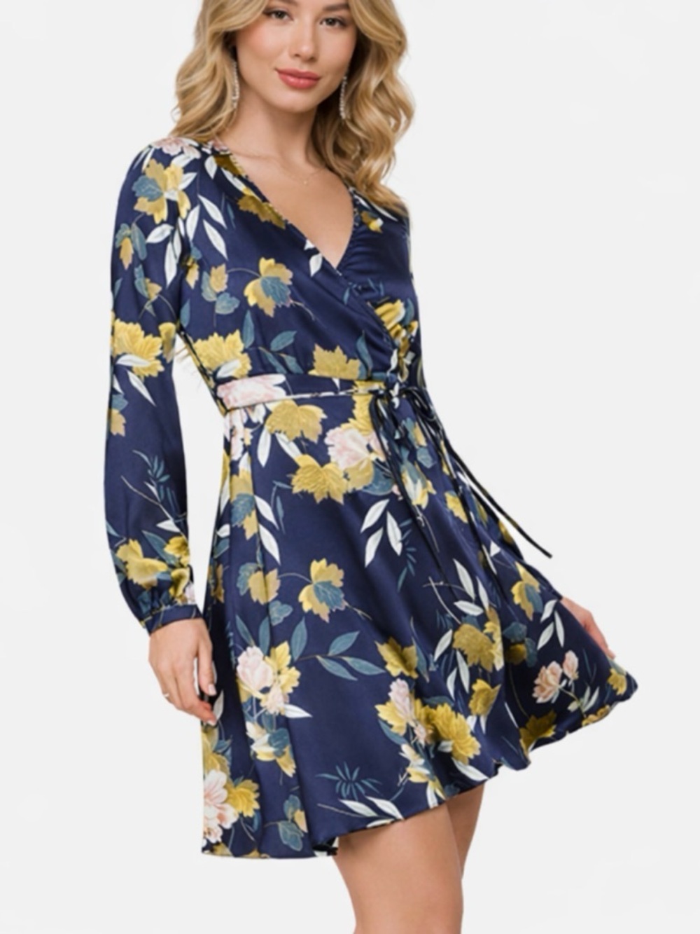 Lulus Satin Wrap Dress Navy Floral Long Sleeve Tie Waist Mini NWT XL